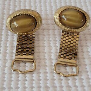 Gold Tone Oval Tigers Eye Stone Linked Chain Wrap Hinged Cuff Links